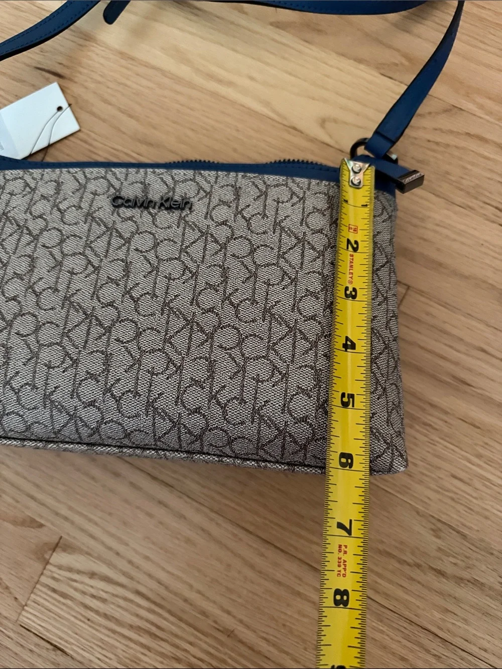 Calvin Klein Beige Monogram Crossbody with Blue Trim